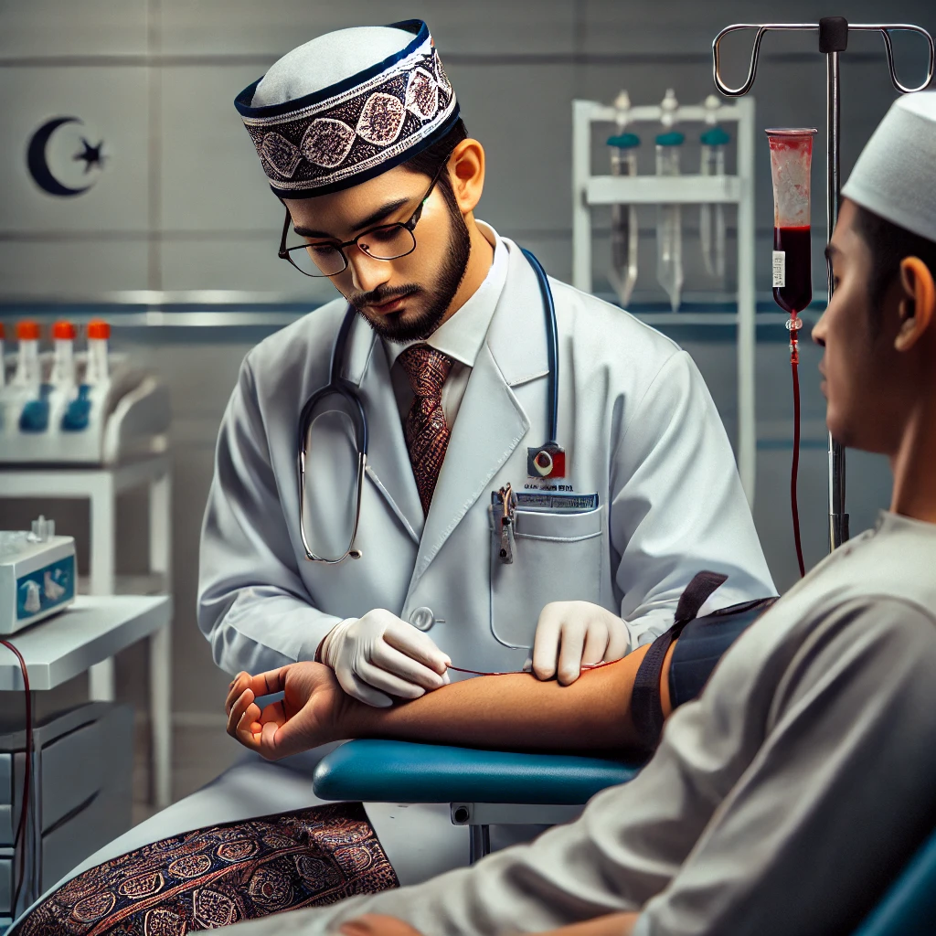 dall·e 2024-09-01 15.44.38 - a detailed image of a malay muslim doctor performing the traditional islamic medical practice of al-fashdu (bloodletting) in a modern clinic. the doct.webp